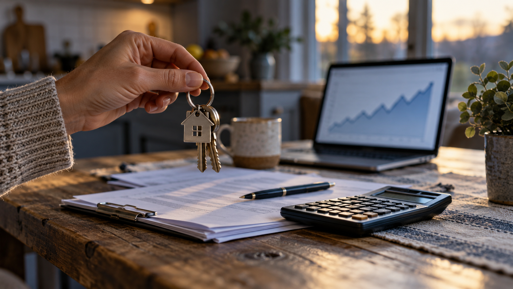  Homebuyer holding house keys above mortgage paperwork and a calculator, with an upward-trending graph on a laptop in the background.