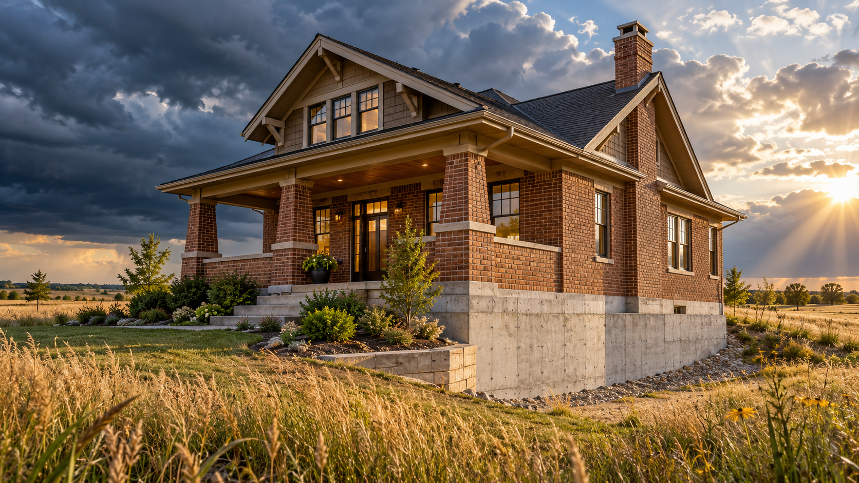 Brick Craftsman home with an exposed concrete foundation and surrounding prairie grass, illuminated by sunlight breaking through dark storm clouds.