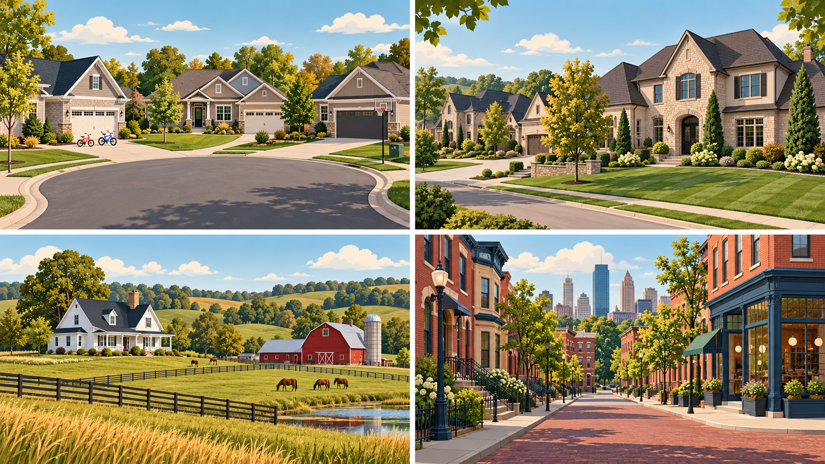 Four-panel illustration of Kansas City area neighborhoods featuring a suburban cul-de-sac, upscale homes, rural acreage with a farmhouse and barn, and a historic brick-lined urban street.