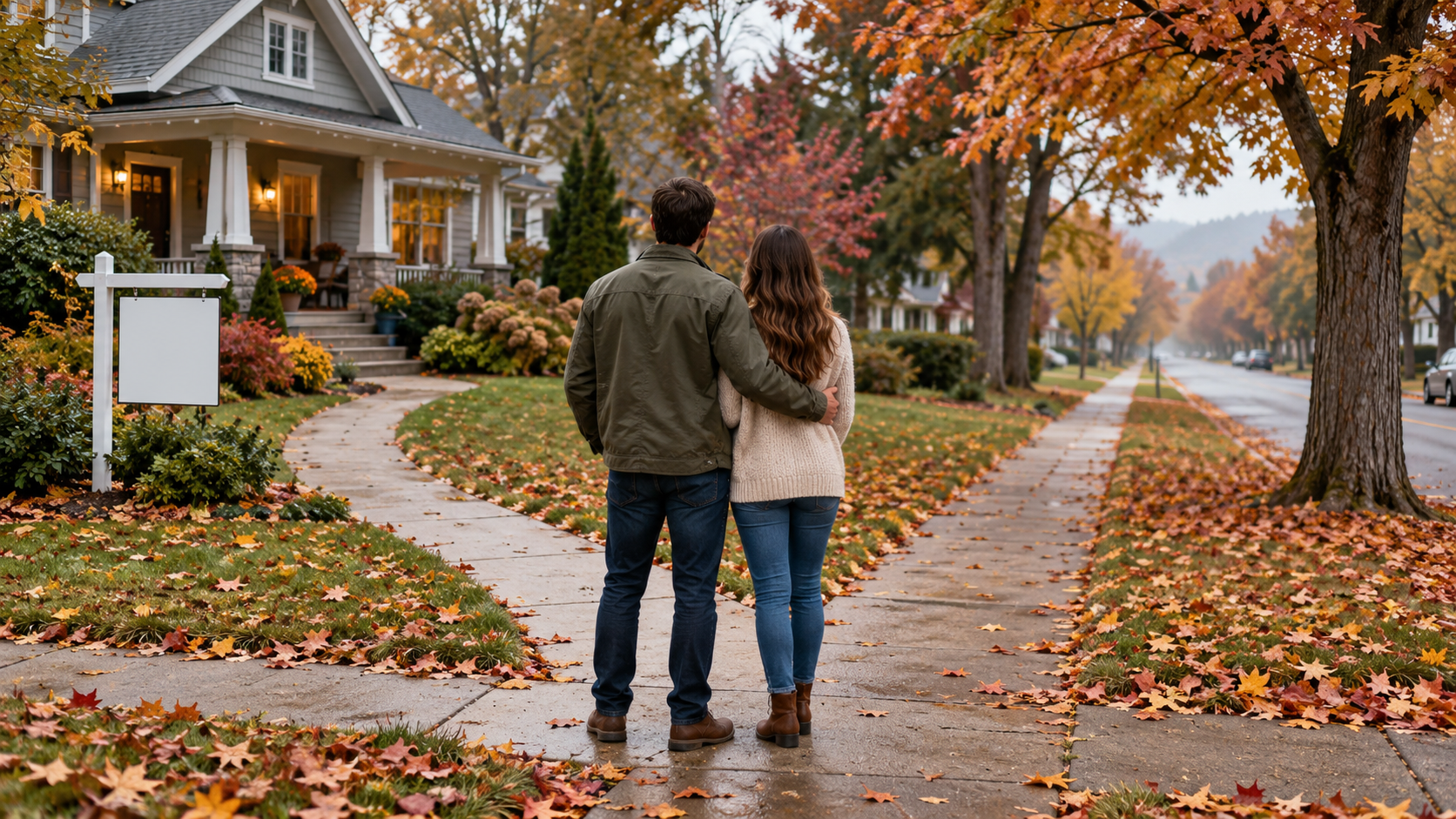  Couple viewed from behind at a sidewalk fork, with one path leading to a home with a blank yard sign and the other along an autumn tree-lined street.