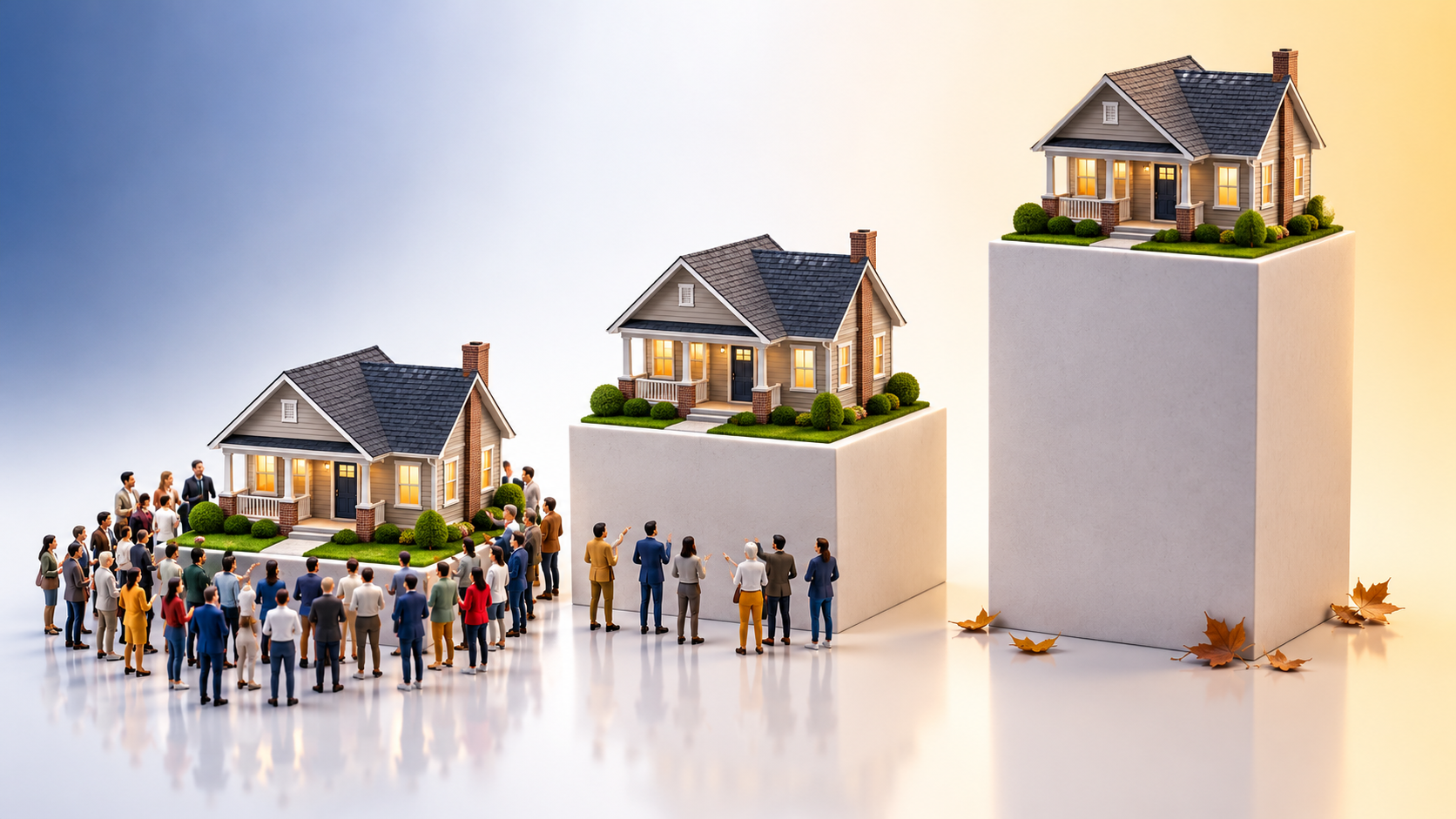 3D illustration of identical homes on three rising podiums, with fewer buyers at each higher level, symbolizing reduced interest in overpriced listings.