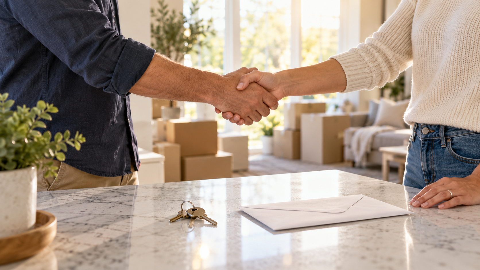 Two people shaking hands across a kitchen island with house keys and a sealed envelope on the counter and moving boxes in the sunlit background.