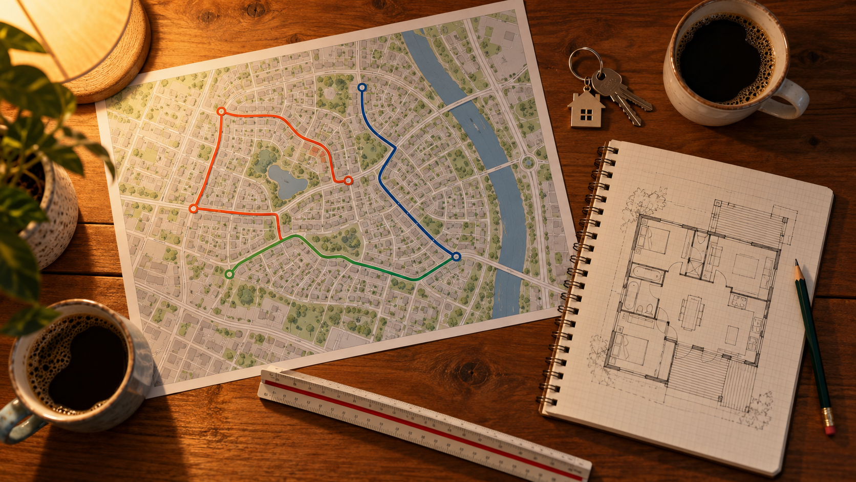 Overhead view of a neighborhood map with three highlighted routes, a sketched floor plan, architect’s ruler, house keys, and two coffee mugs on a wooden table.