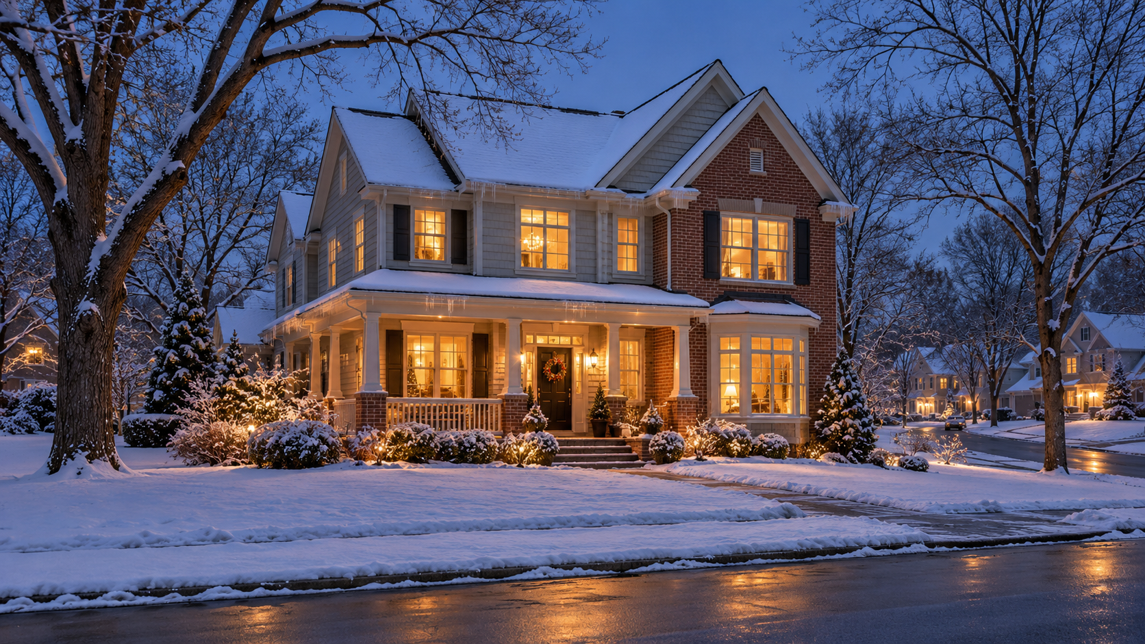  Two-story brick and siding home with a snow-covered roof, icicles, and warmly lit windows at dusk in a Kansas City-style neighborhood.