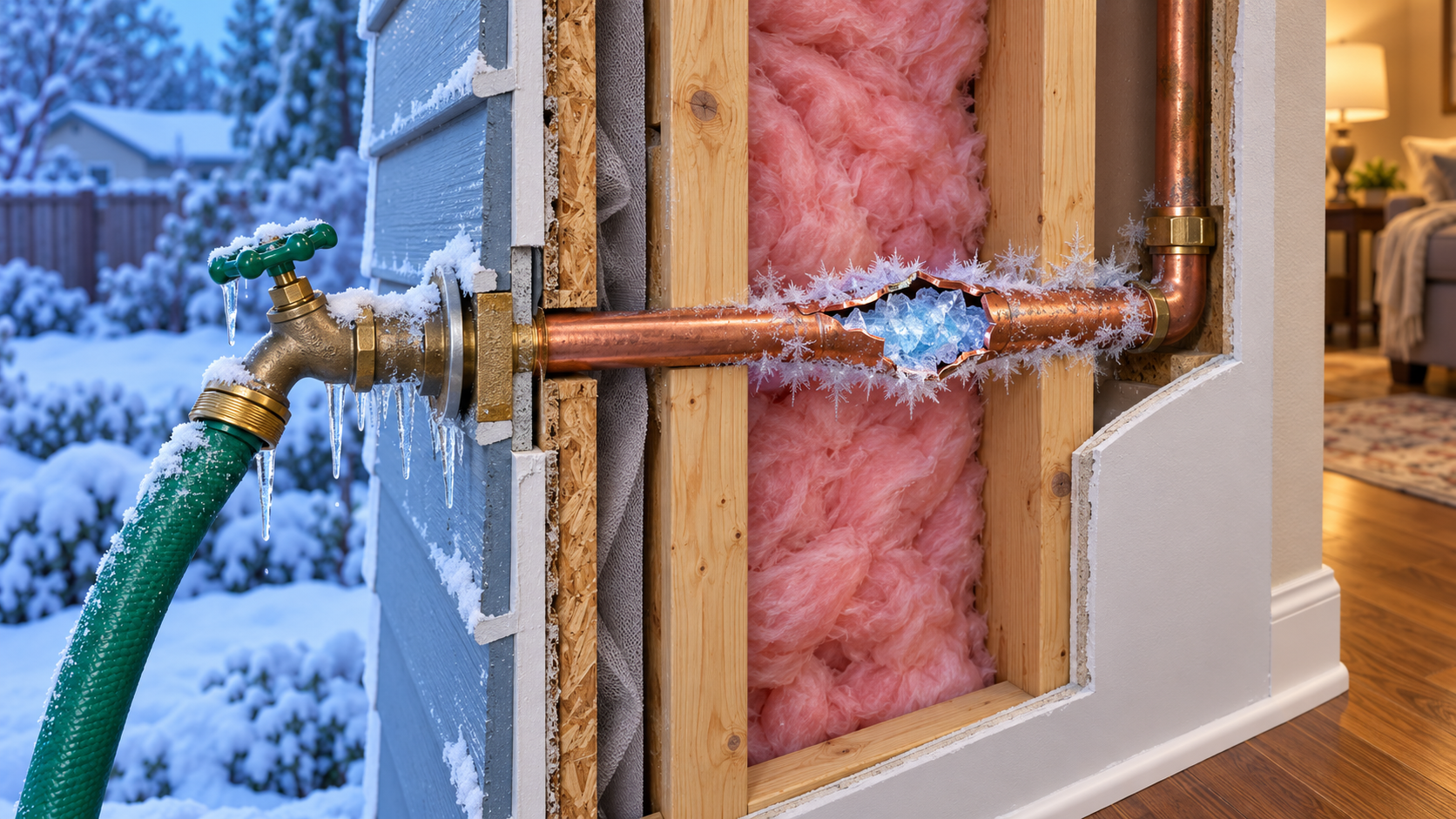 Exterior wall cutaway showing an attached garden hose and a frozen, cracked copper pipe beside exposed wood studs and pink insulation.