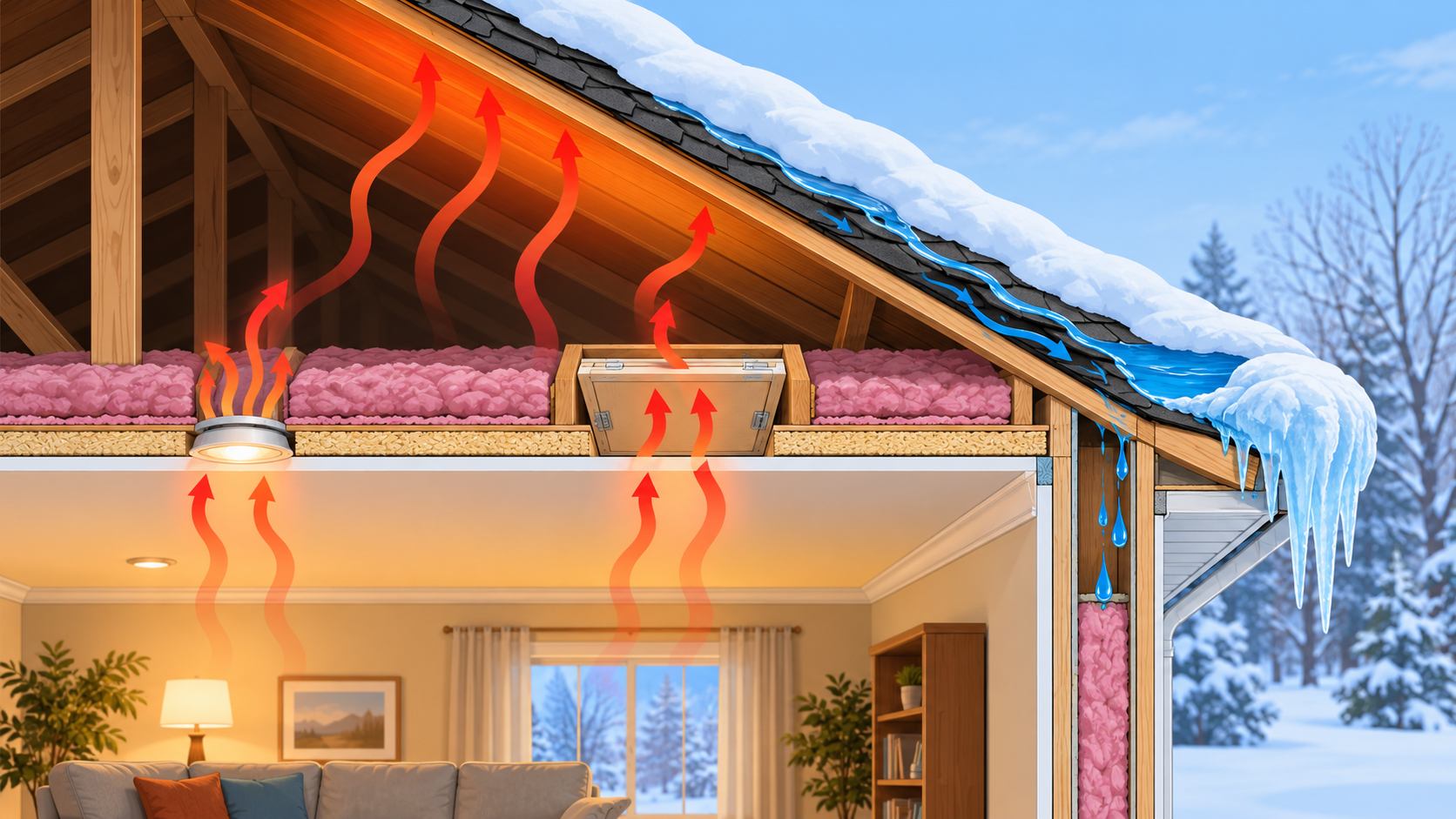 Roof and attic cutaway showing heat escaping through ceiling gaps, melting snow, an ice dam at the eave, and water leaking into the wall.