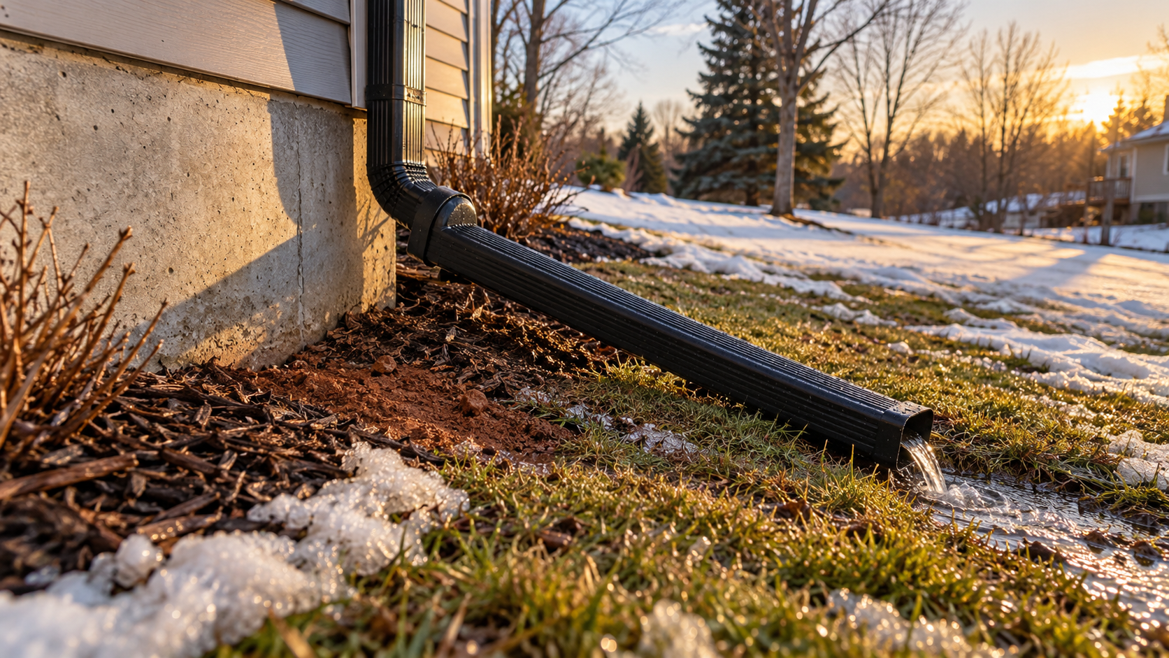 Black downspout extension draining snowmelt away from a concrete foundation across a sloped lawn with melting snow and exposed clay soil.