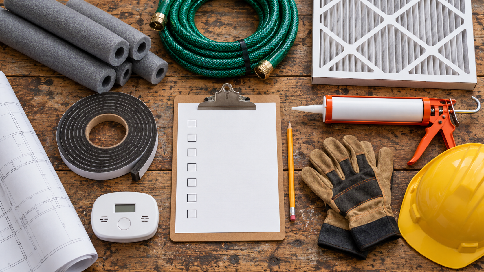 Winterizing supplies on a wooden workbench, including a blank checklist, pipe insulation, garden hose, furnace filter, weatherstripping, caulk gun, and carbon monoxide detector.