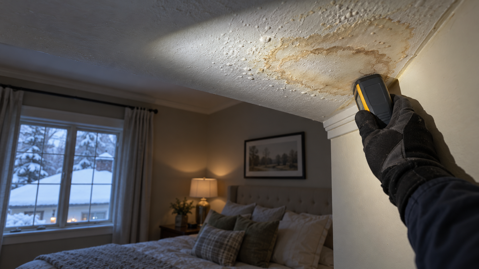 Gloved hand holding a moisture meter against a water-stained bedroom ceiling with bubbled paint illuminated by a flashlight beam.