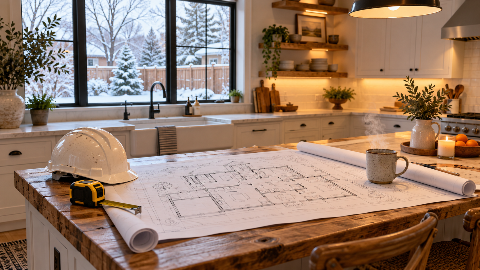 farmhouse kitchen image with blueprints, tools, steaming coffee, and a snowy backyard view.