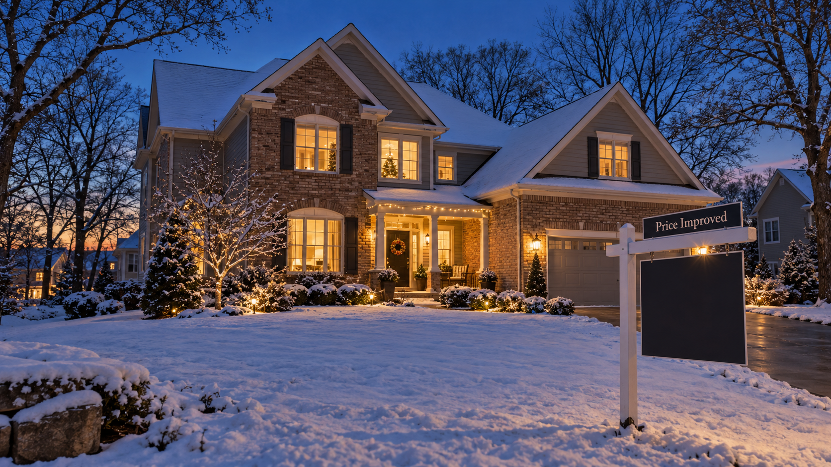 Snow-covered Kansas City home at twilight with warm window light, white holiday lights, and a “Price Improved” real estate sign. Snow-covered Kansas City home at twilight with warm window light, white holiday lights, and a “Price Improved” real estate sign.