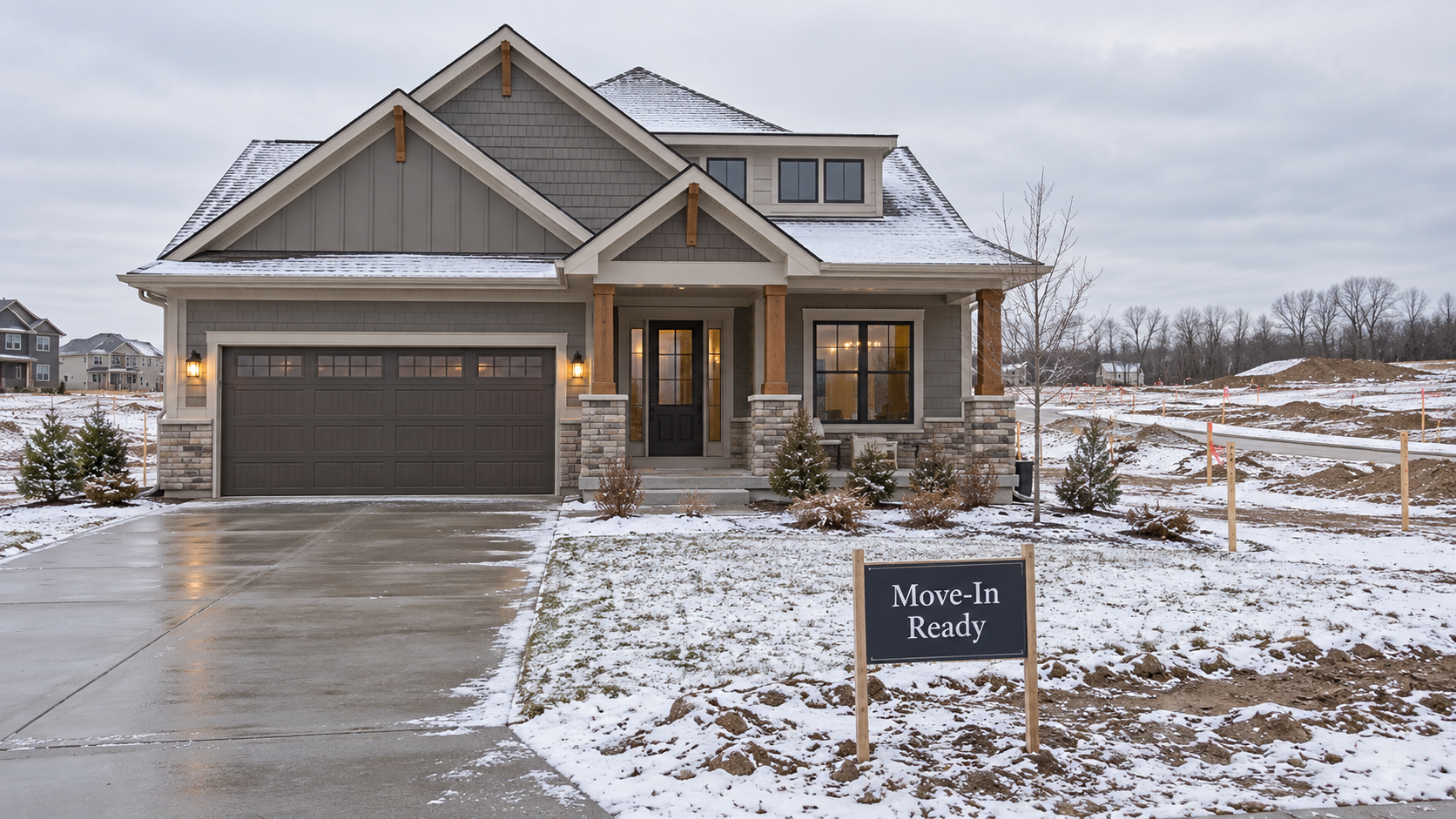 New craftsman-style home in a snowy Kansas City subdivision with a “Move-In Ready” sign and empty graded lots in the background. New craftsman-style home in a snowy Kansas City subdivision with a “Move-In Ready” sign and empty graded lots in the background.
