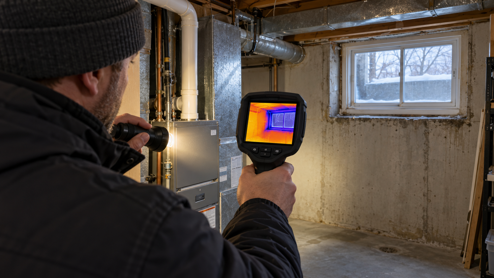 Home inspector checking a basement furnace with a flashlight and thermal camera showing cold spots around a nearby window frame. Home inspector checking a basement furnace with a flashlight and thermal camera showing cold spots around a nearby window frame.