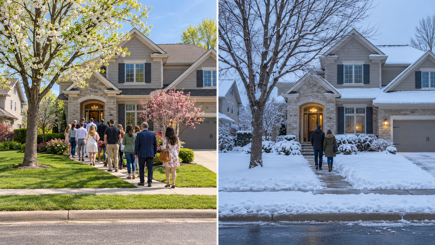 Split-screen of a Kansas City home with buyers lined up in spring and one couple approaching through snow in winter. Split-screen of a Kansas City home with buyers lined up in spring and one couple approaching through snow in winter.