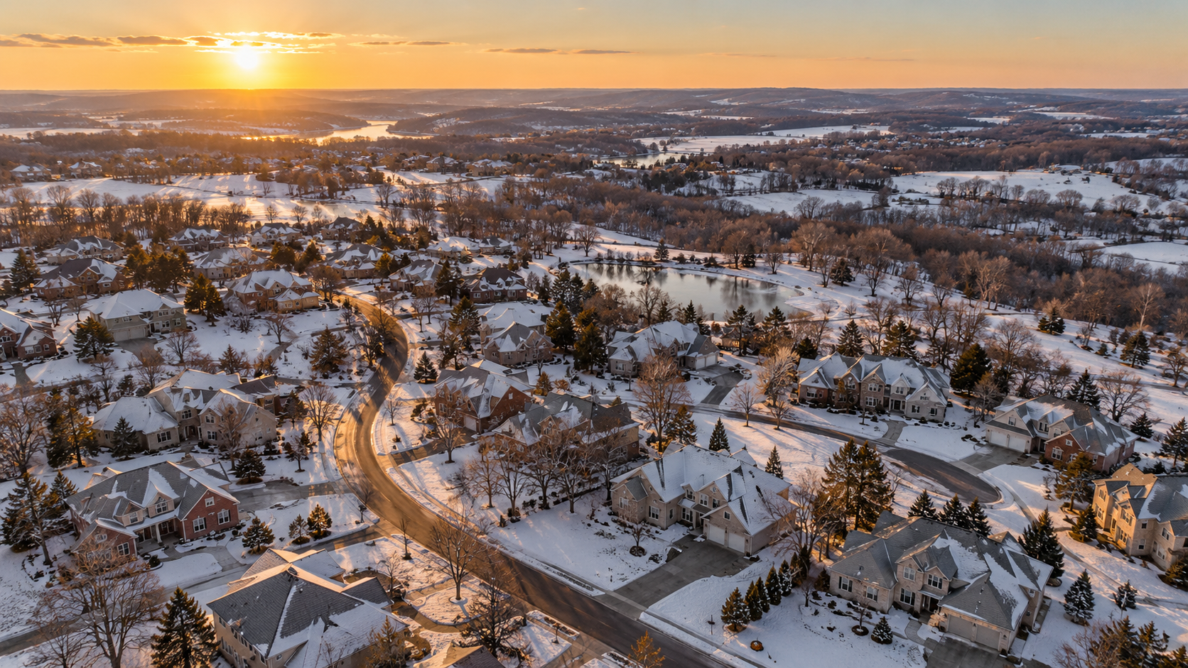 Aerial view of a snow-covered Kansas City neighborhood with curving streets, mature trees, and rolling Missouri countryside in golden winter light. Aerial view of a snow-covered Kansas City neighborhood with curving streets, mature trees, and rolling Missouri countryside in golden winter light.
