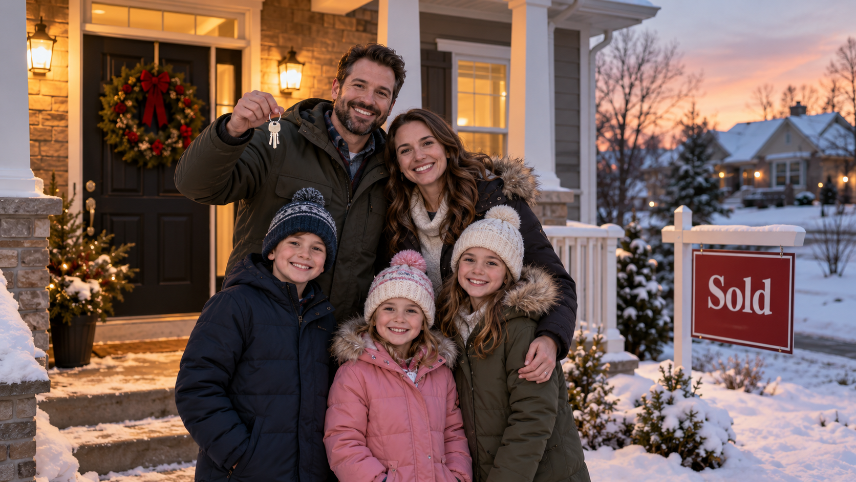 Family of five holding house keys on a snowy Kansas City front porch, with a holiday wreath and “Sold” sign at dusk. Family of five holding house keys on a snowy Kansas City front porch, with a holiday wreath and “Sold” sign at dusk.