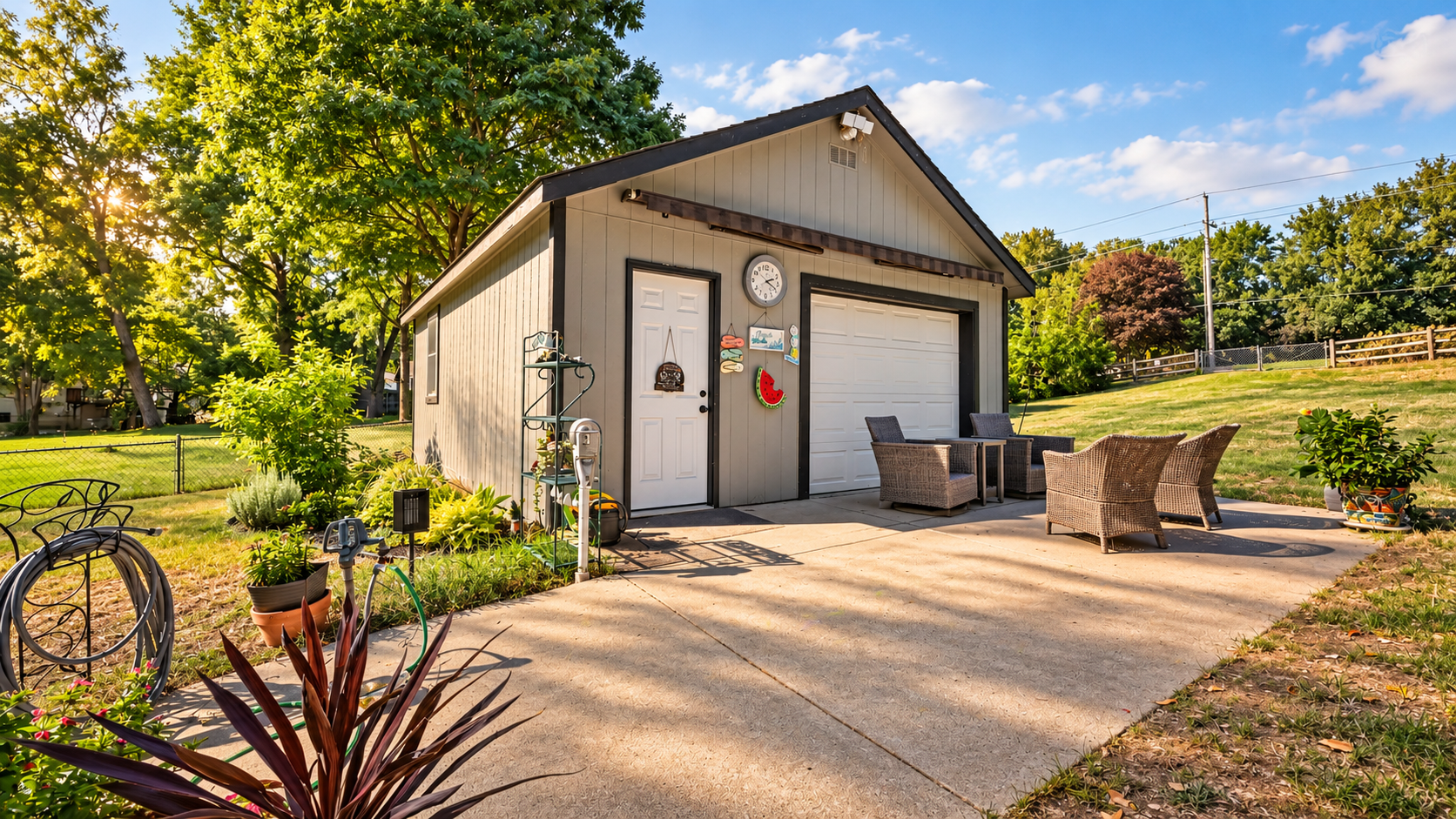 Detached workshop with an overhead garage door and concrete patio at a Merriam KS home on 1.42 acres.