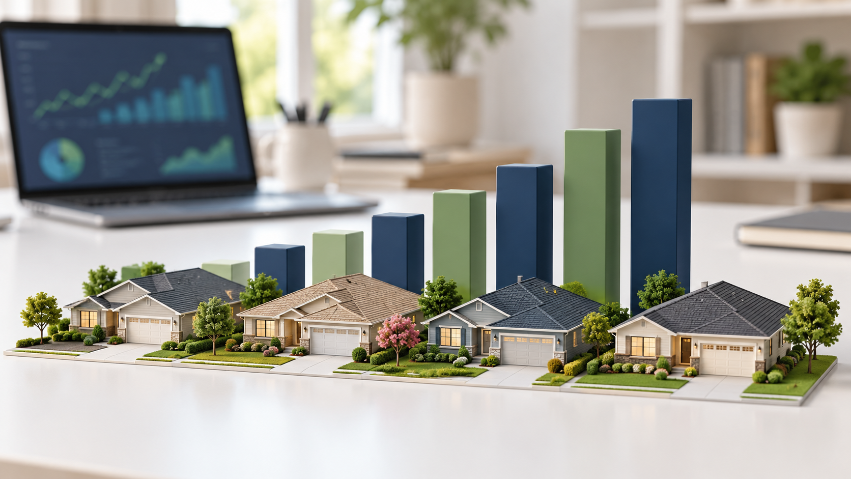 Miniature ranch homes with rising green and navy bars, illustrating steady housing market growth for an Independence, MO real estate outlook. Miniature ranch homes with rising green and navy bars, illustrating steady housing market growth for an Independence, MO real estate outlook.