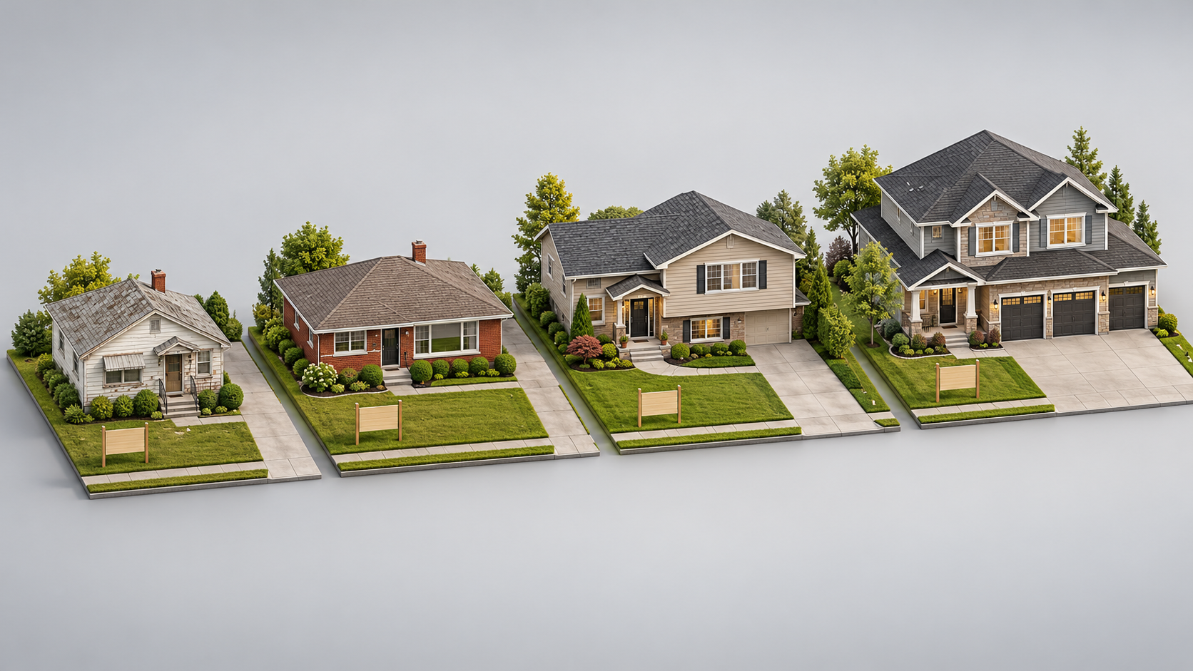 3D illustration comparing four home styles, from a small older bungalow to a newer two-story home with a three-car garage, each with a blank yard sign. 3D illustration comparing four home styles, from a small older bungalow to a newer two-story home with a three-car garage, each with a blank yard sign.