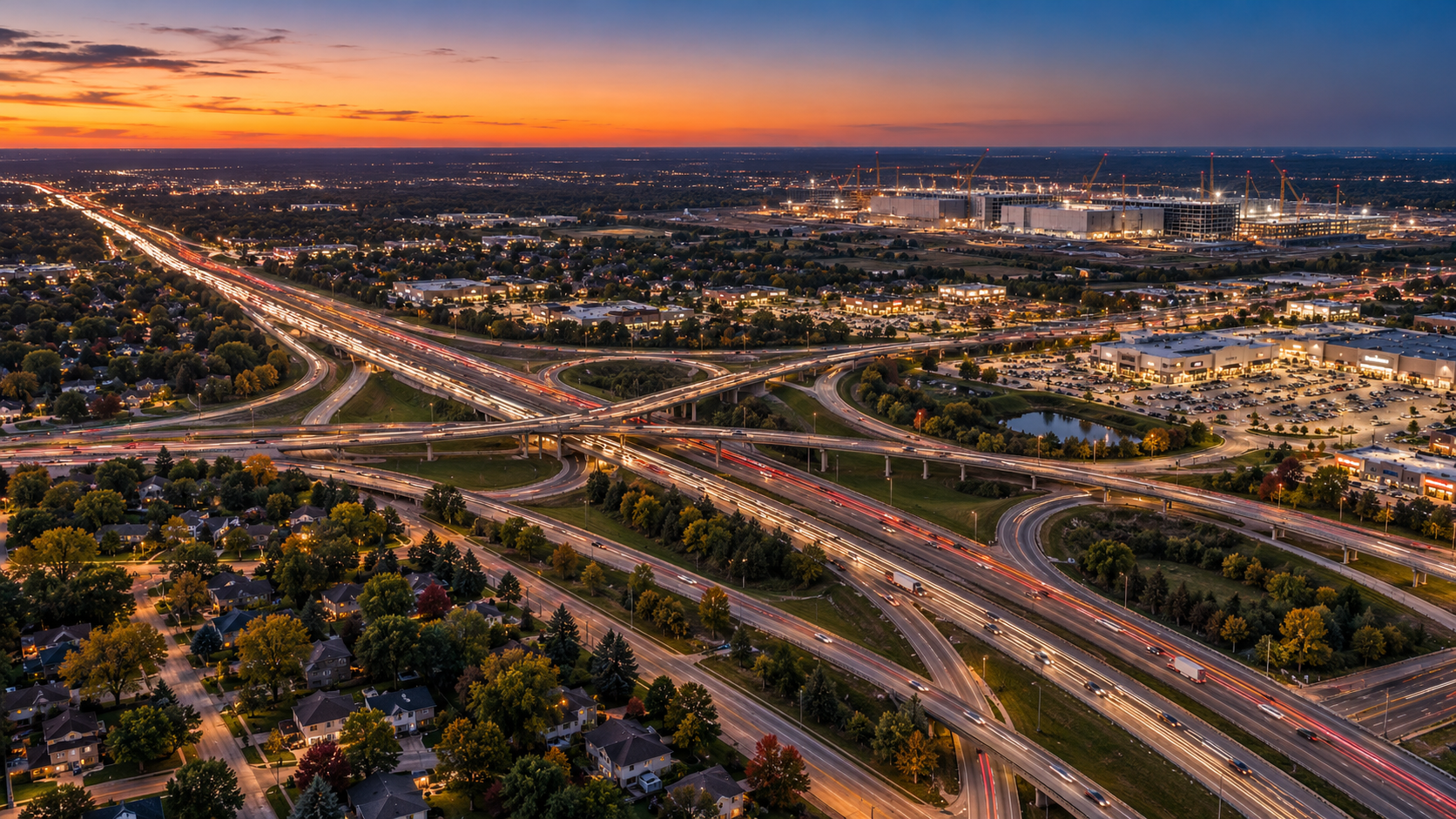 AI-generated aerial view of a Midwestern highway interchange at dusk, with traffic light trails, suburban homes, shopping centers, and distant data center construction. AI-generated aerial view of a Midwestern highway interchange at dusk, with traffic light trails, suburban homes, shopping centers, and distant data center construction.