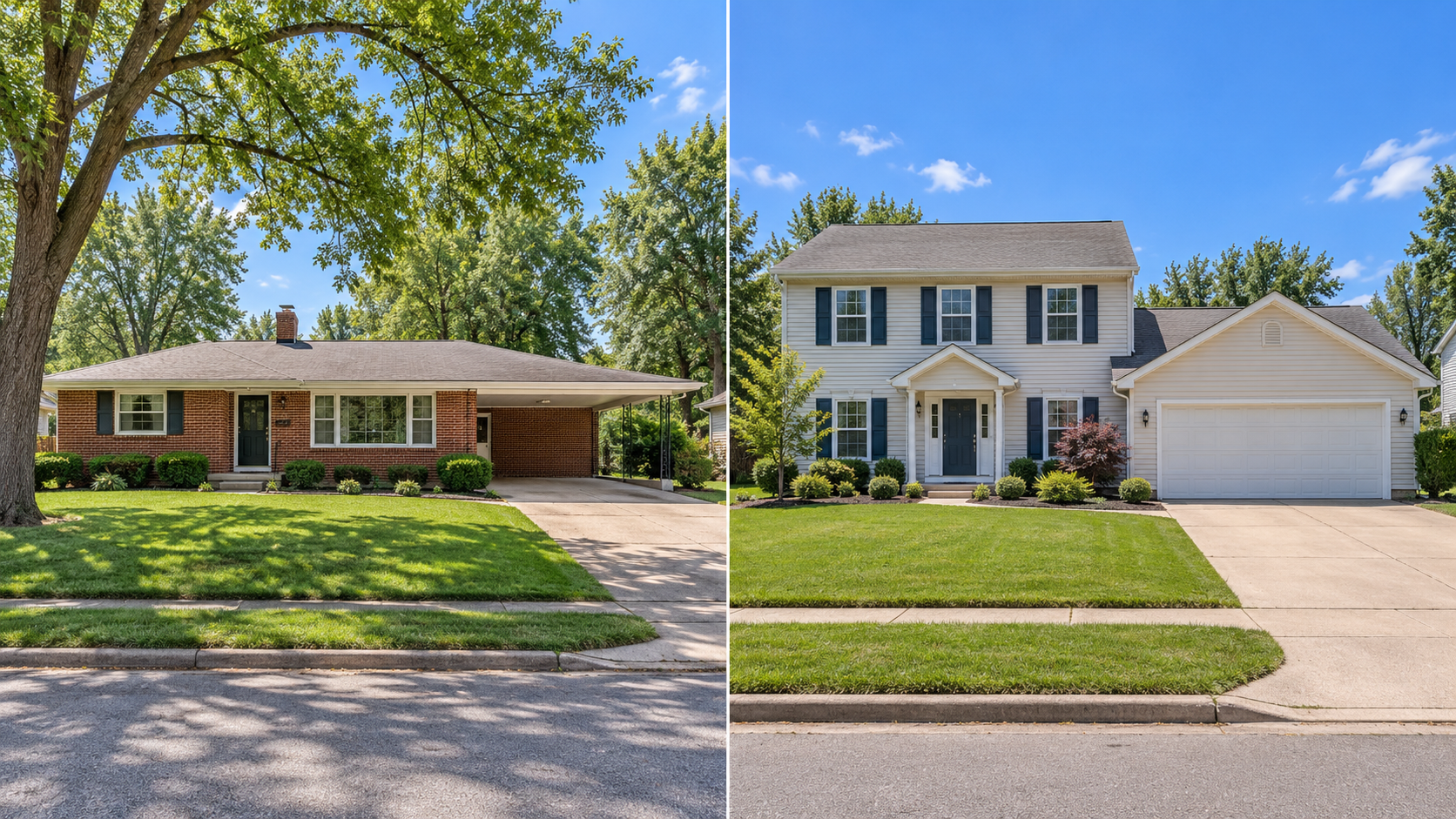 Side-by-side comparison of a 1960s brick ranch with a carport and mature trees and a 1980s two-story vinyl-sided home with a two-car garage. Side-by-side comparison of a 1960s brick ranch with a carport and mature trees and a 1980s two-story vinyl-sided home with a two-car garage.