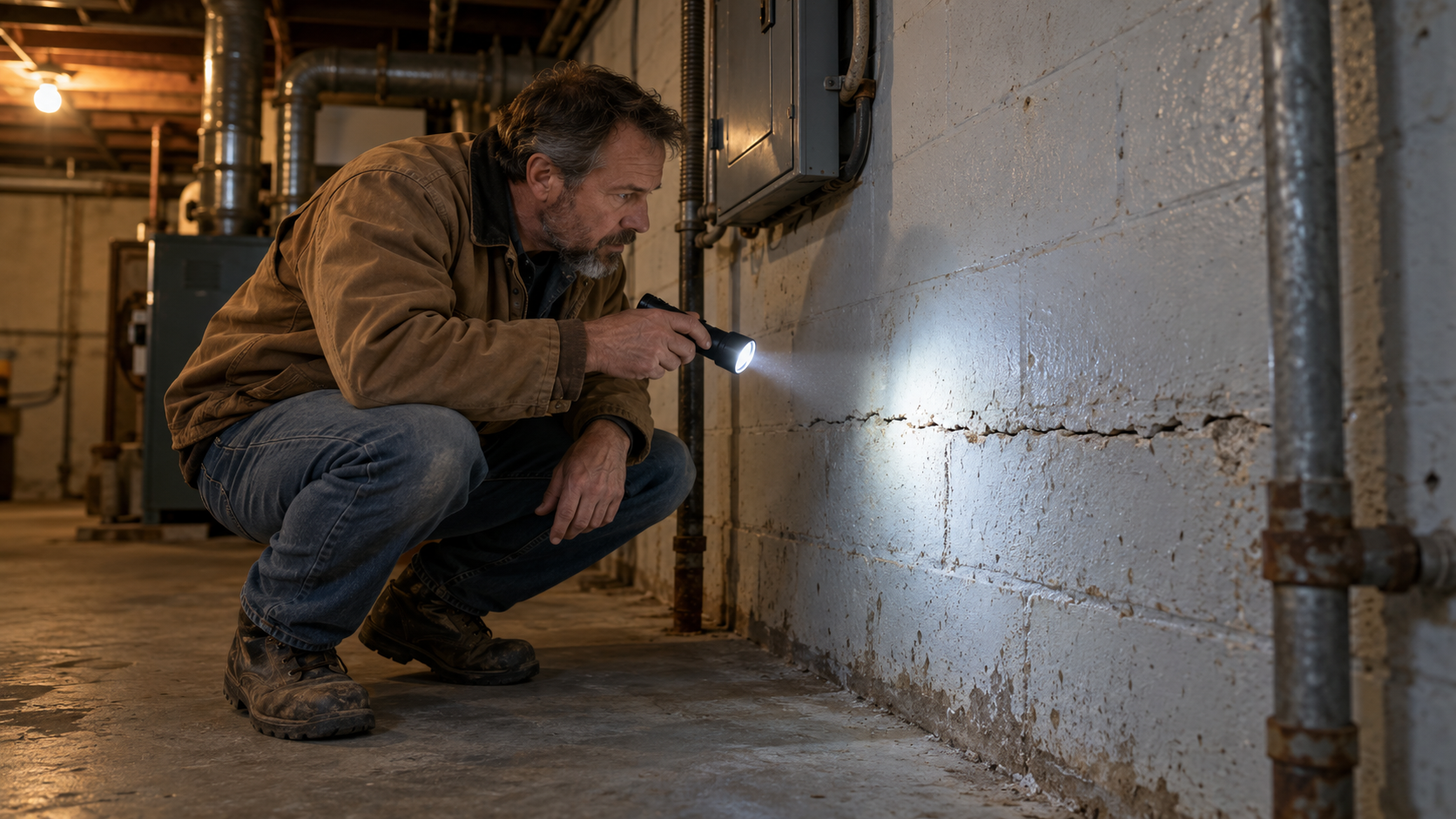 Home builder using a flashlight to inspect a horizontal crack in a painted concrete block basement foundation, with aging pipes and an electrical panel nearby. Home builder using a flashlight to inspect a horizontal crack in a painted concrete block basement foundation, with aging pipes and an electrical panel nearby.
