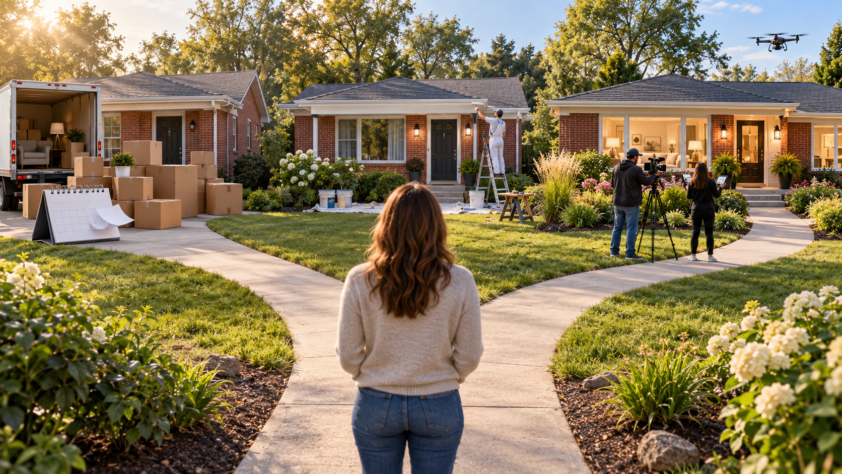 Homeowner considering three home-selling options illustrated by moving boxes and a calendar, a brick ranch undergoing renovation, and a staged home with professional photography. Homeowner considering three home-selling options illustrated by moving boxes and a calendar, a brick ranch undergoing renovation, and a staged home with professional photography.