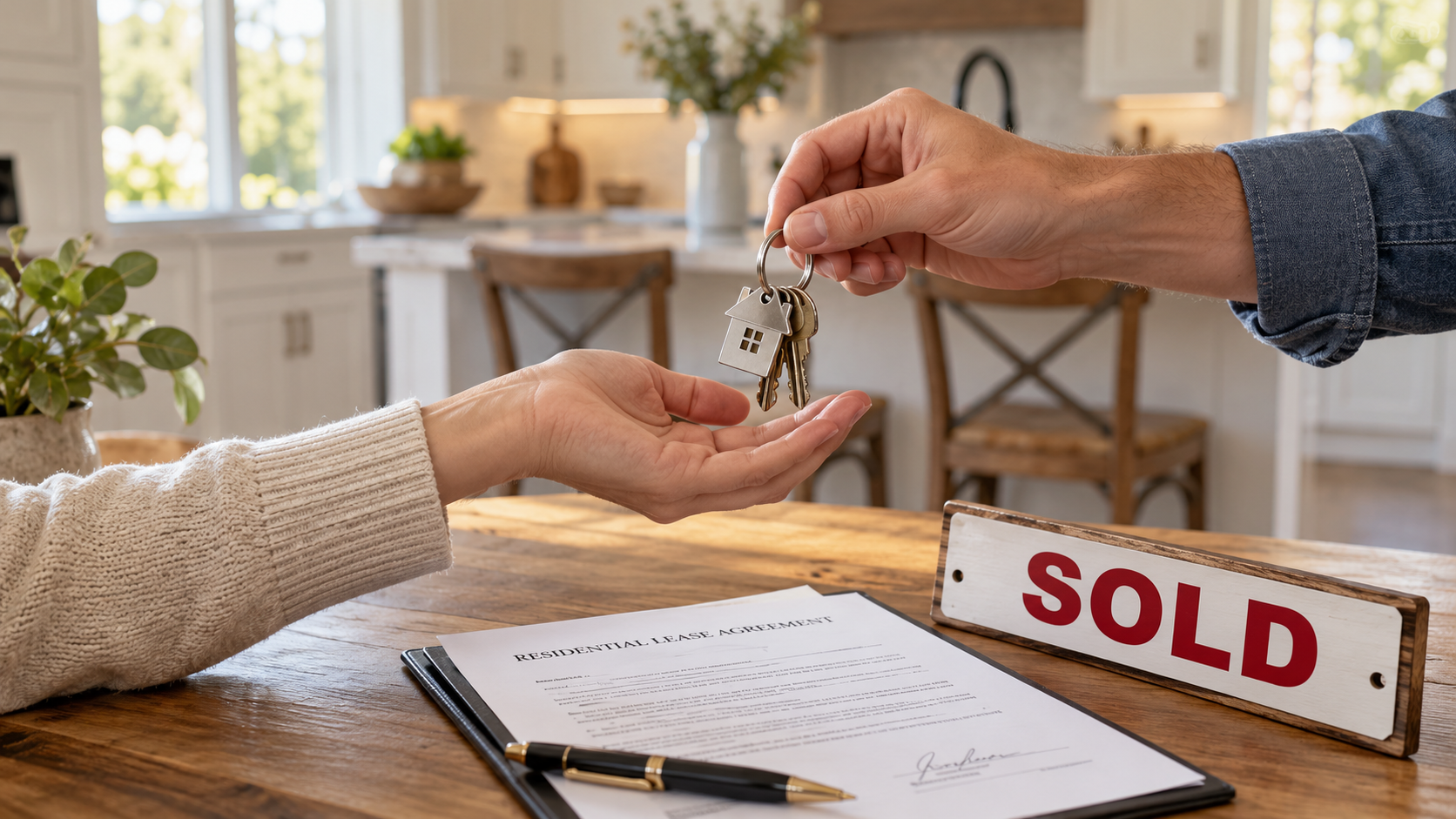 House keys being handed over beside a residential lease agreement and SOLD sign in a bright farmhouse kitchen, illustrating a tenant occupied home sale. House keys being handed over beside a residential lease agreement and SOLD sign in a bright farmhouse kitchen, illustrating a tenant occupied home sale.