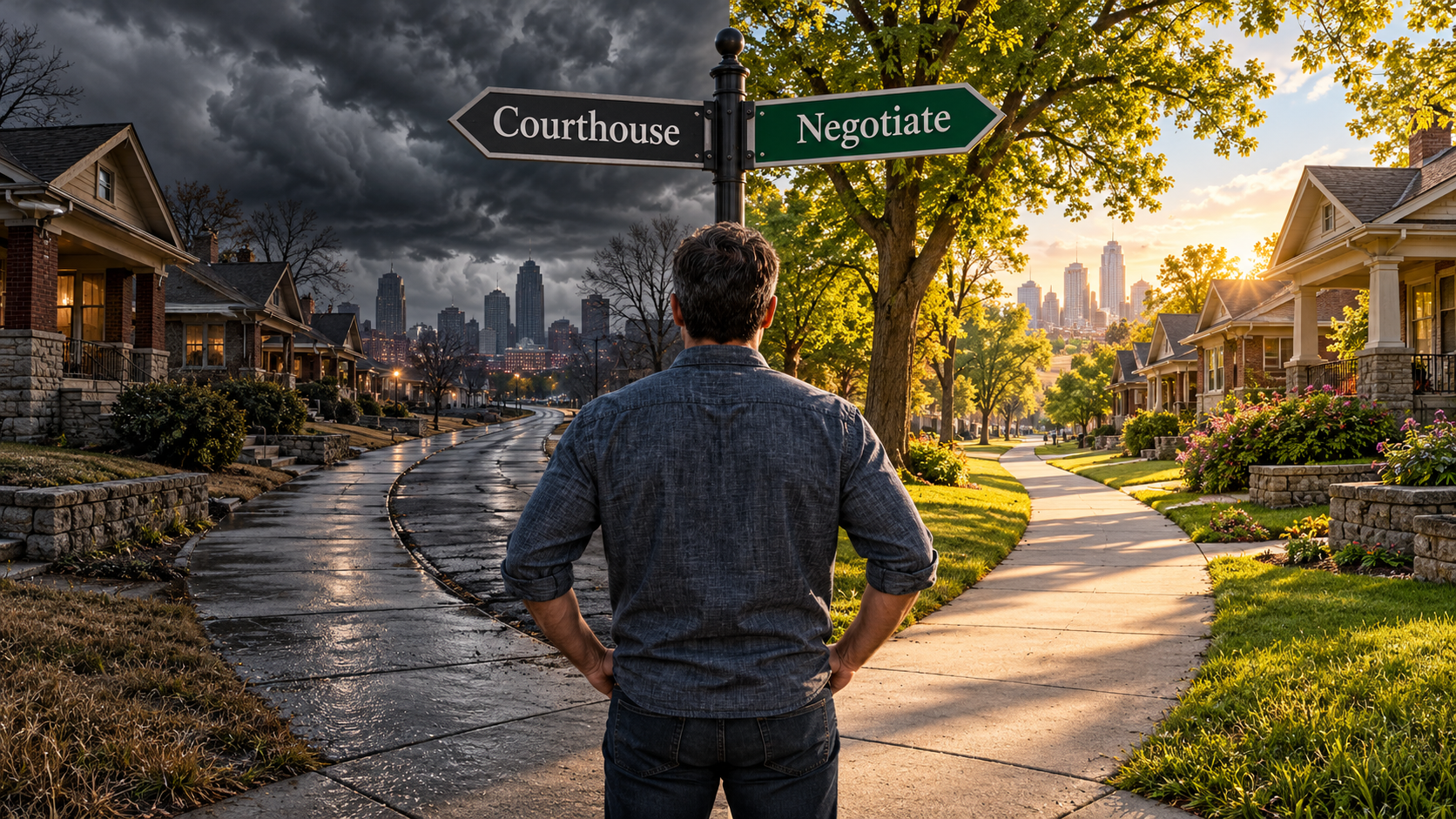 Homeowner at a fork in a Kansas City neighborhood, choosing between a stormy path marked “Courthouse” and a sunny path marked “Negotiate.” Homeowner at a fork in a Kansas City neighborhood, choosing between a stormy path marked “Courthouse” and a sunny path marked “Negotiate.”