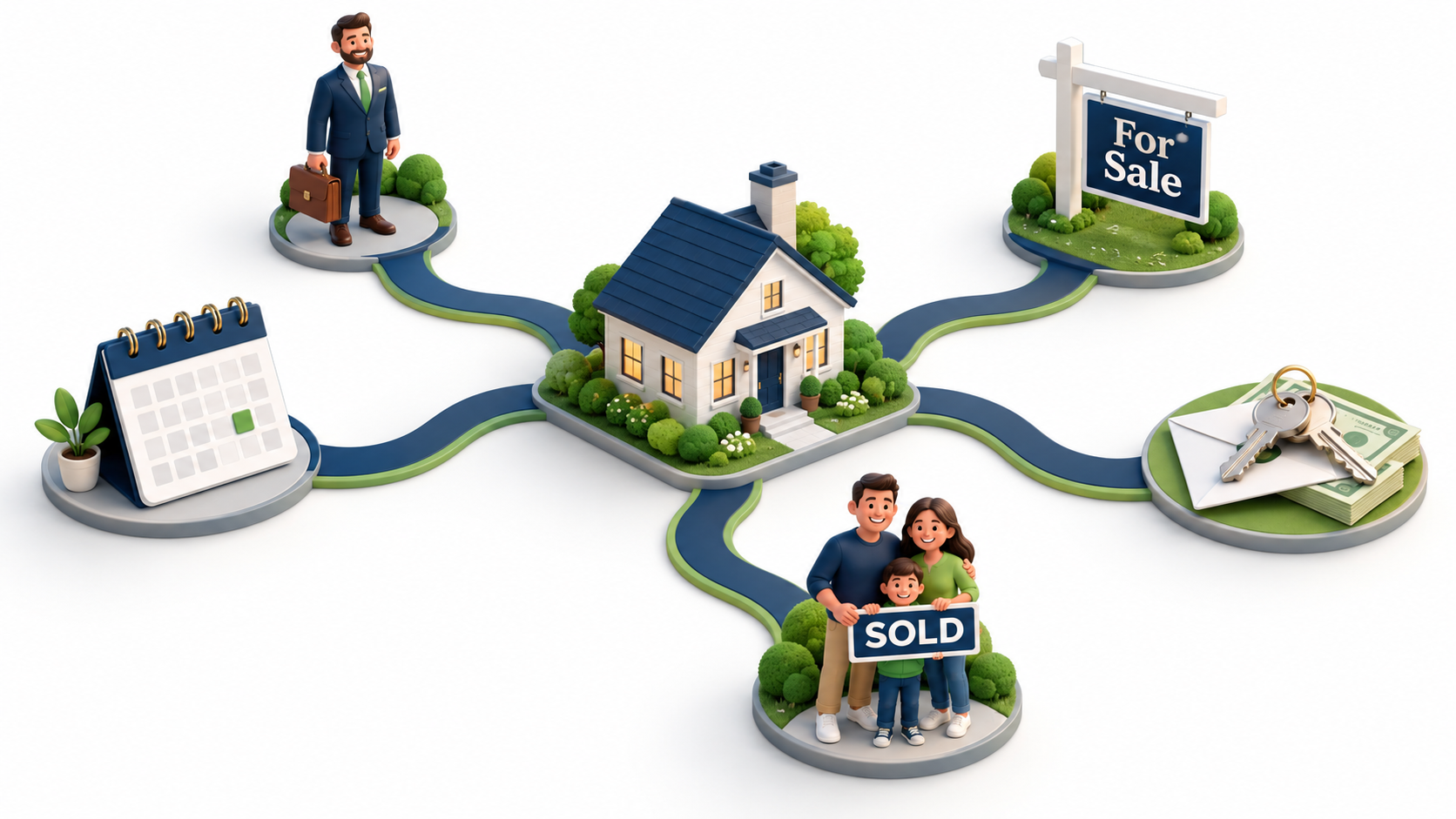 Isometric illustration of a tenant occupied home connected by five paths to an investor, a For Sale sign, a calendar, house keys with cash, and a family holding a SOLD sign. Isometric illustration of a tenant occupied home connected by five paths to an investor, a For Sale sign, a calendar, house keys with cash, and a family holding a SOLD sign.