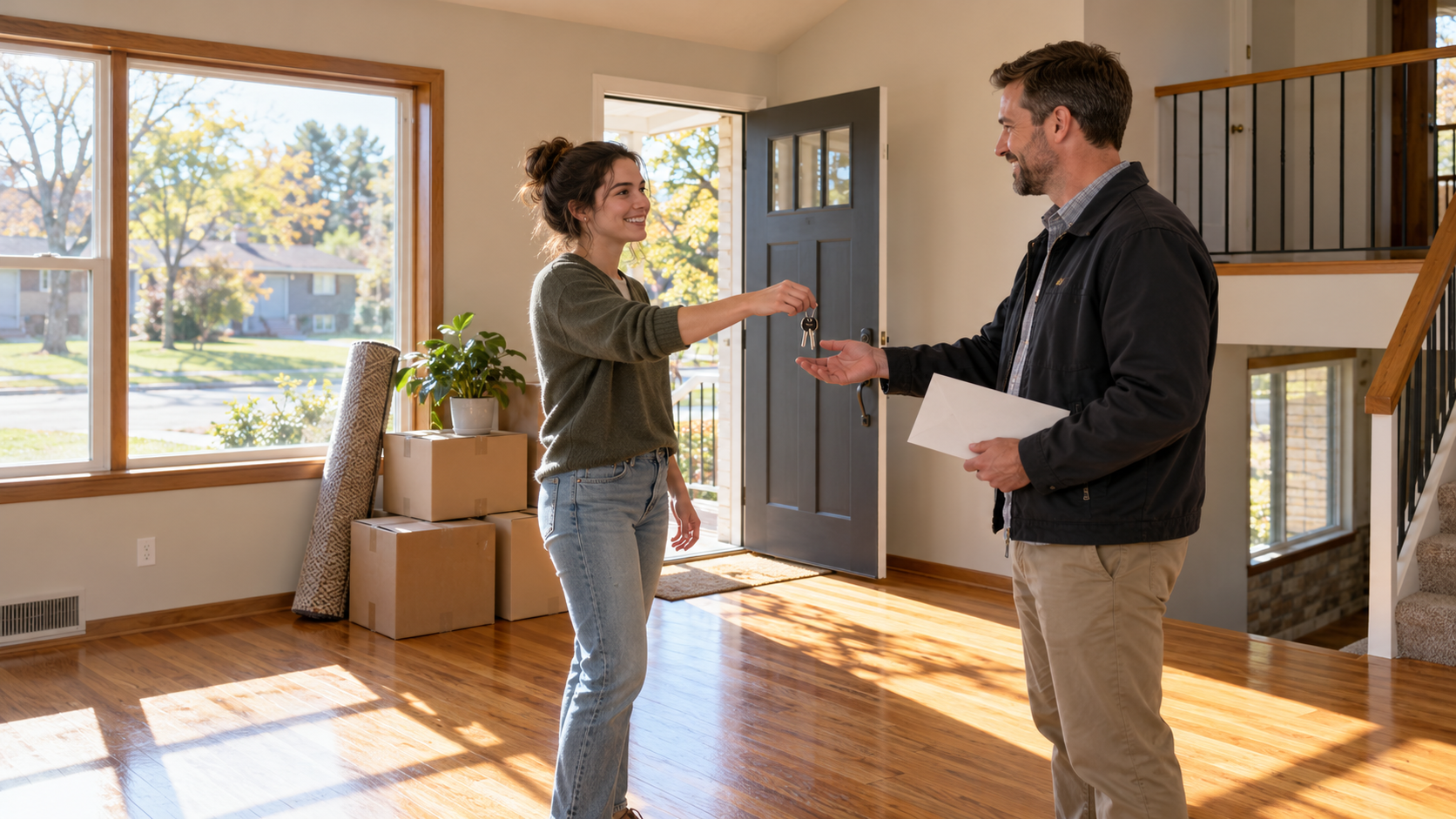 Departing tenant hands house keys to a landlord holding an envelope in a sunlit, empty Kansas City living room with moving boxes by the door. Departing tenant hands house keys to a landlord holding an envelope in a sunlit, empty Kansas City living room with moving boxes by the door.