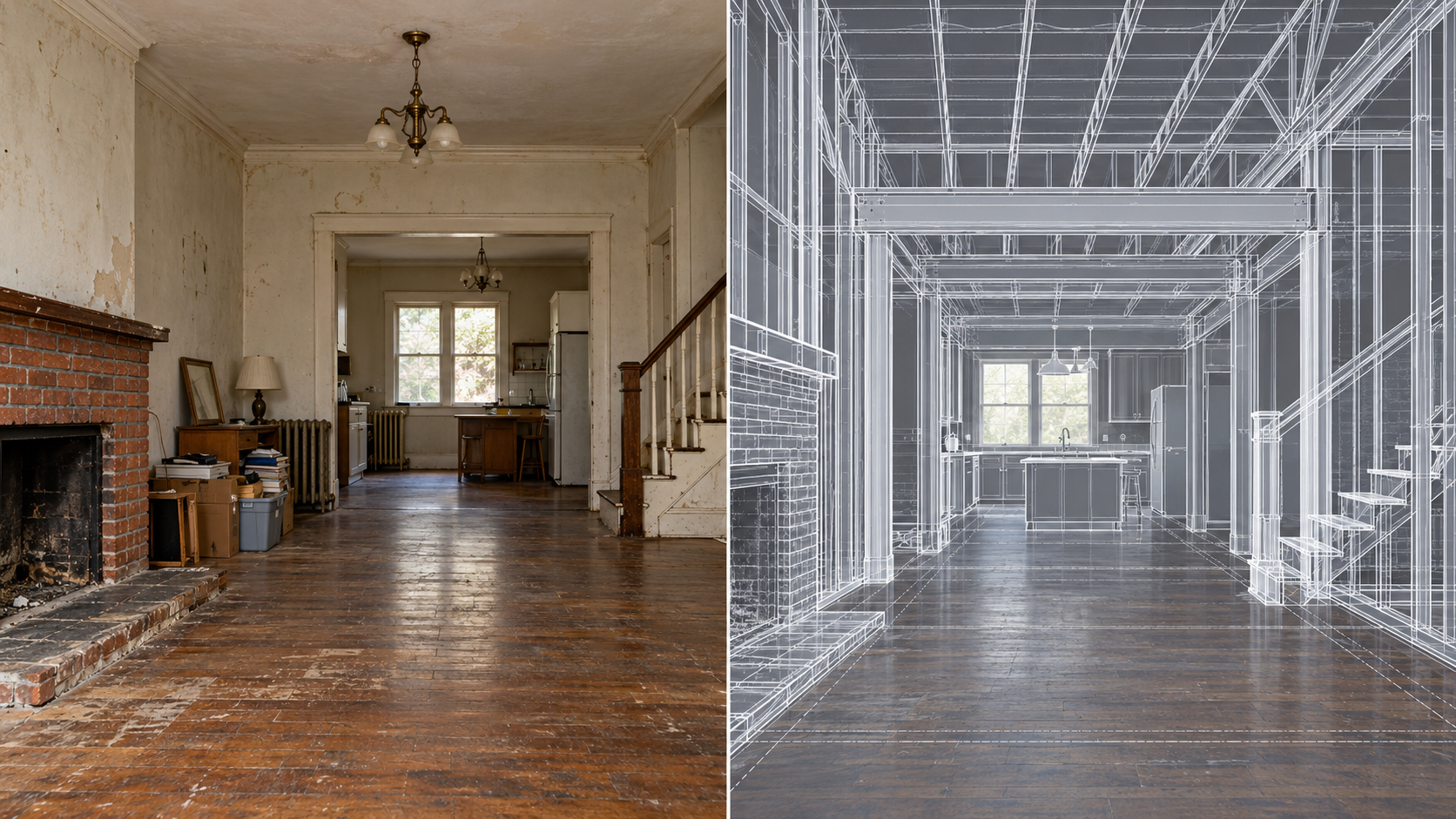 Split-screen view of a worn home interior beside the same room with architectural blueprint lines revealing open floor plan potential. Split-screen view of a worn home interior beside the same room with architectural blueprint lines revealing open floor plan potential.