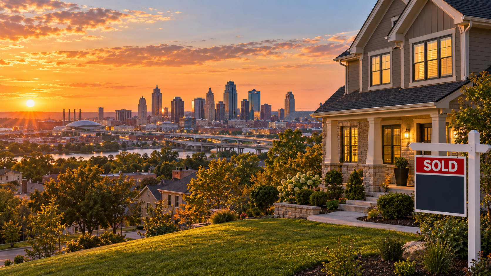 Two-story Kansas City home with a SOLD sign overlooking the city skyline at golden hour. Two-story Kansas City home with a SOLD sign overlooking the city skyline at golden hour.