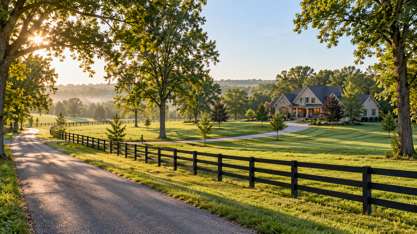 Greenwood, Missouri acreage home set back from a quiet country road, surrounded by open green fields and mature trees in soft morning light. Greenwood, Missouri acreage home set back from a quiet country road, surrounded by open green fields and mature trees in soft morning light.