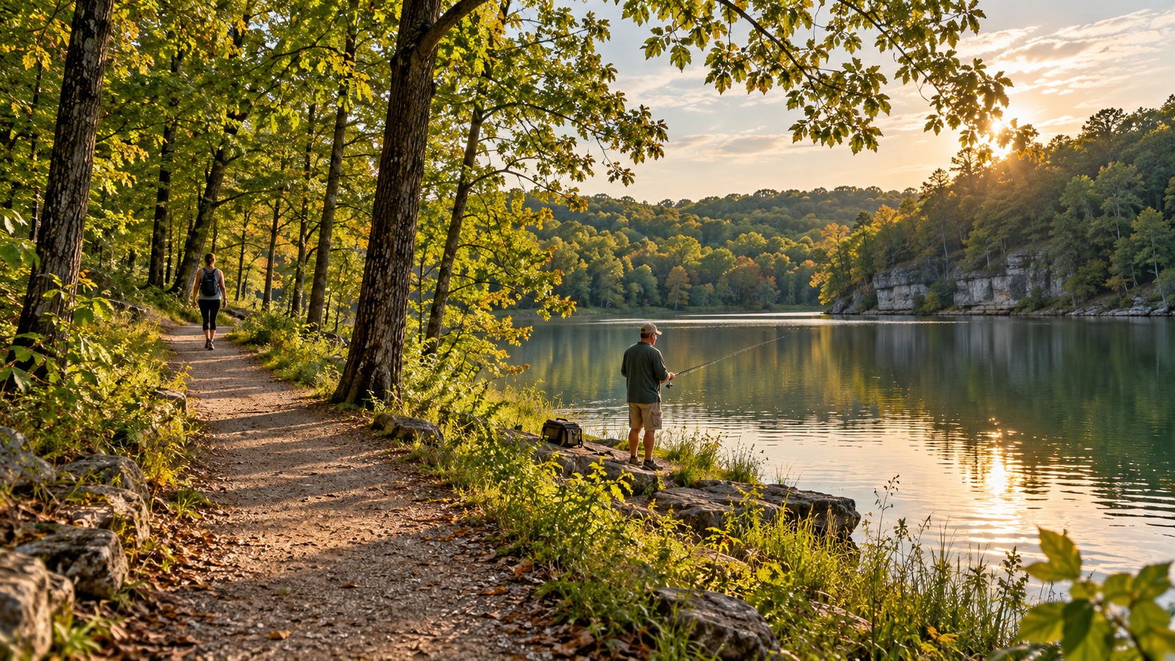 Wooded Missouri conservation area with a walking trail beside a small lake, where a visitor fishes from shore and another walks in warm late afternoon light. Wooded Missouri conservation area with a walking trail beside a small lake, where a visitor fishes from shore and another walks in warm late afternoon light.