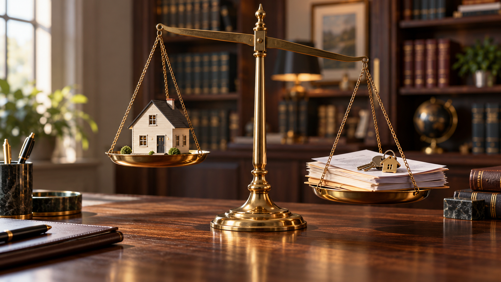  Brass balance scale weighing a small house model against legal documents and keys on a walnut desk, symbolizing property division during divorce.