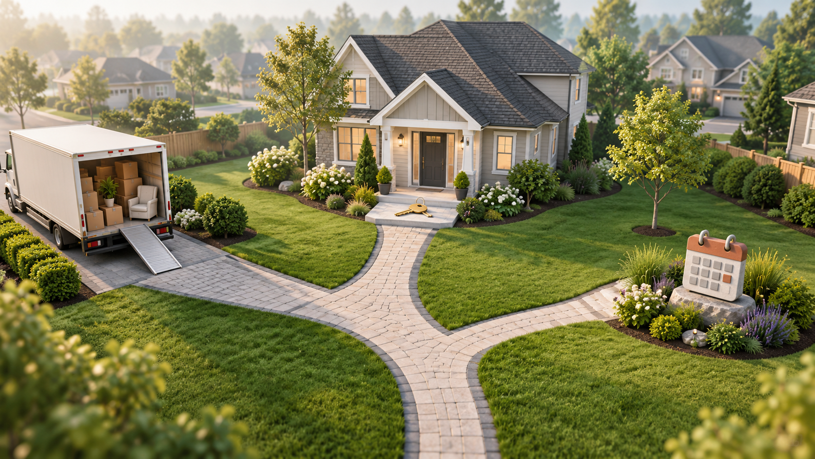 Isometric illustration of a suburban home with paths leading to a moving truck, keys at the front door, and a calendar marker, representing housing options during divorce.