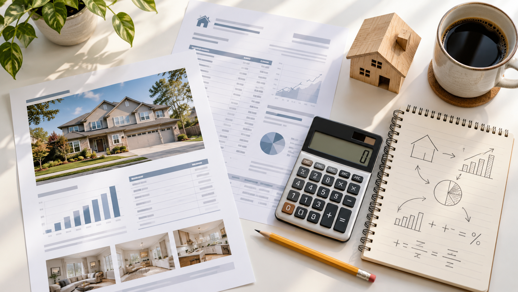 Overhead view of home appraisal and mortgage documents, calculator, pencil, coffee, wooden house model, and financial notes on a white table.