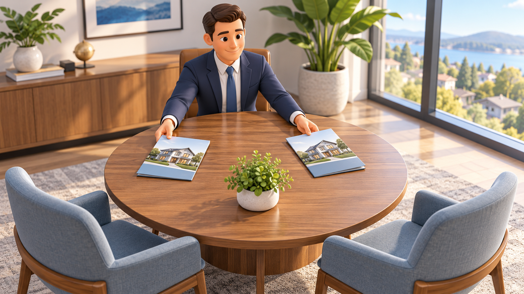 Real estate agent slides matching home folders across a table toward two clients during a balanced property consultation.