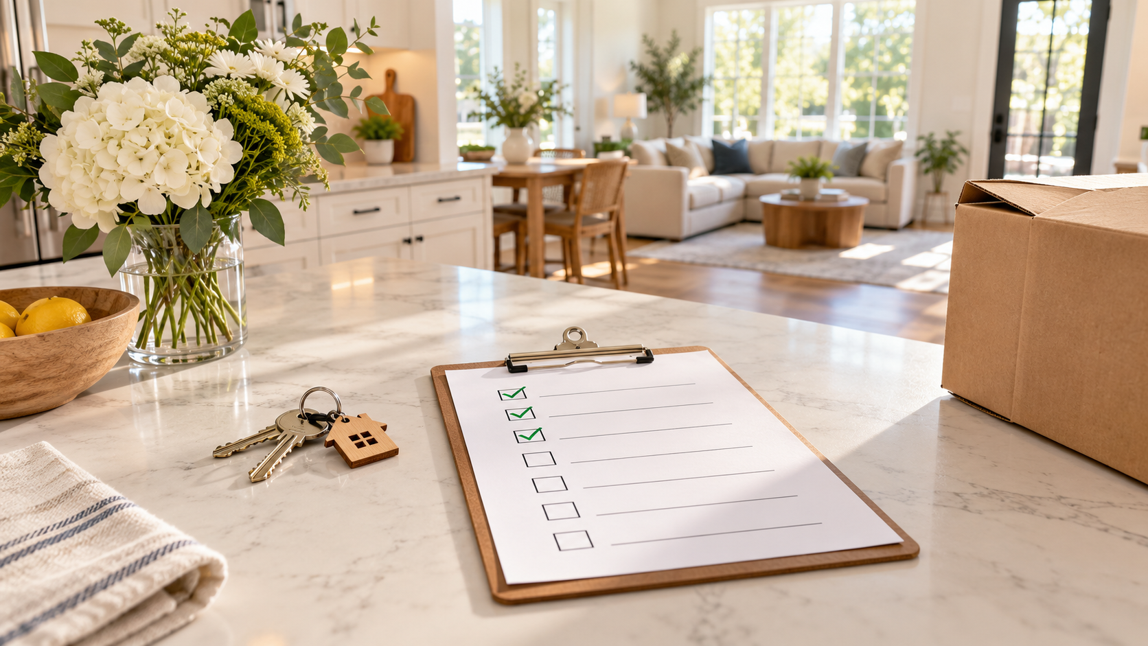 Home sale checklist with three green checkmarks, house keys, fresh flowers, and a moving box on a bright staged kitchen island.