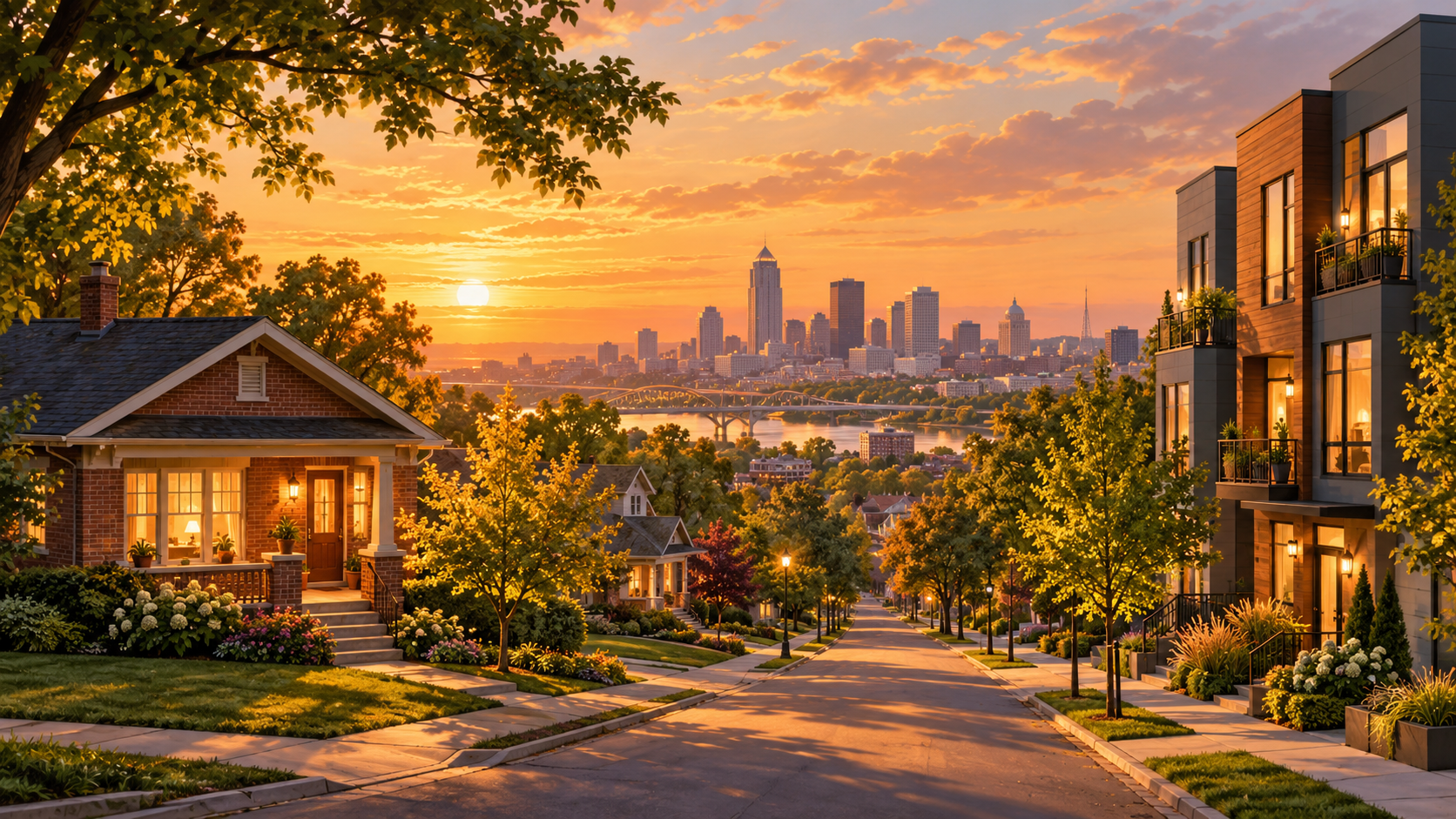Brick bungalow and modern townhome on separate tree-lined streets at golden hour, with warm glowing windows and a Midwestern city skyline in the distance.