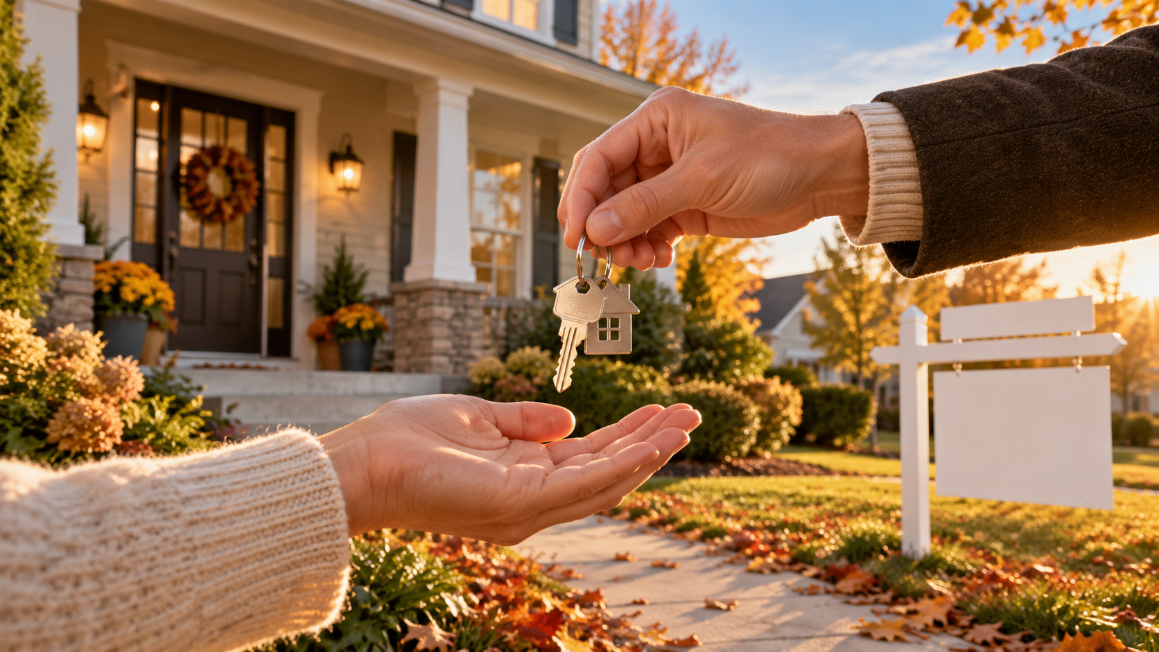  Hands exchange house keys in front of a well-maintained suburban home with a blank real estate sign and autumn leaves at golden hour.