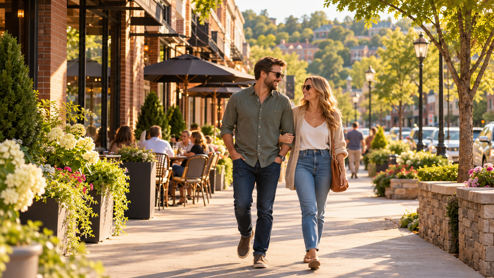 Couple strolling past cafés and brick storefronts in a tree-lined Kansas City Northland shopping district on a sunny afternoon. Couple strolling past cafés and brick storefronts in a tree-lined Kansas City Northland shopping district on a sunny afternoon.
