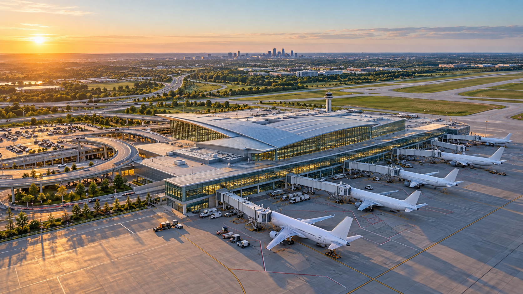 Aerial view of Kansas City International Airport’s modern terminal, with aircraft, highways, and green Northland landscape at sunrise. Aerial view of Kansas City International Airport’s modern terminal, with aircraft, highways, and green Northland landscape at sunrise.