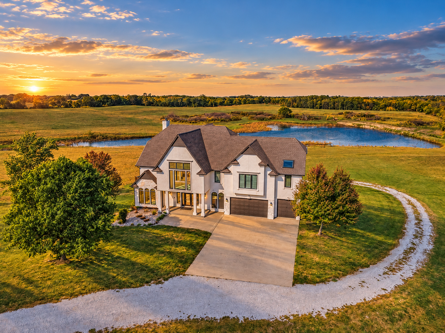 Cinematic aerial view of a spacious home beside a pond, with a curved driveway and open acreage at golden hour. Cinematic aerial view of a spacious home beside a pond, with a curved driveway and open acreage at golden hour.