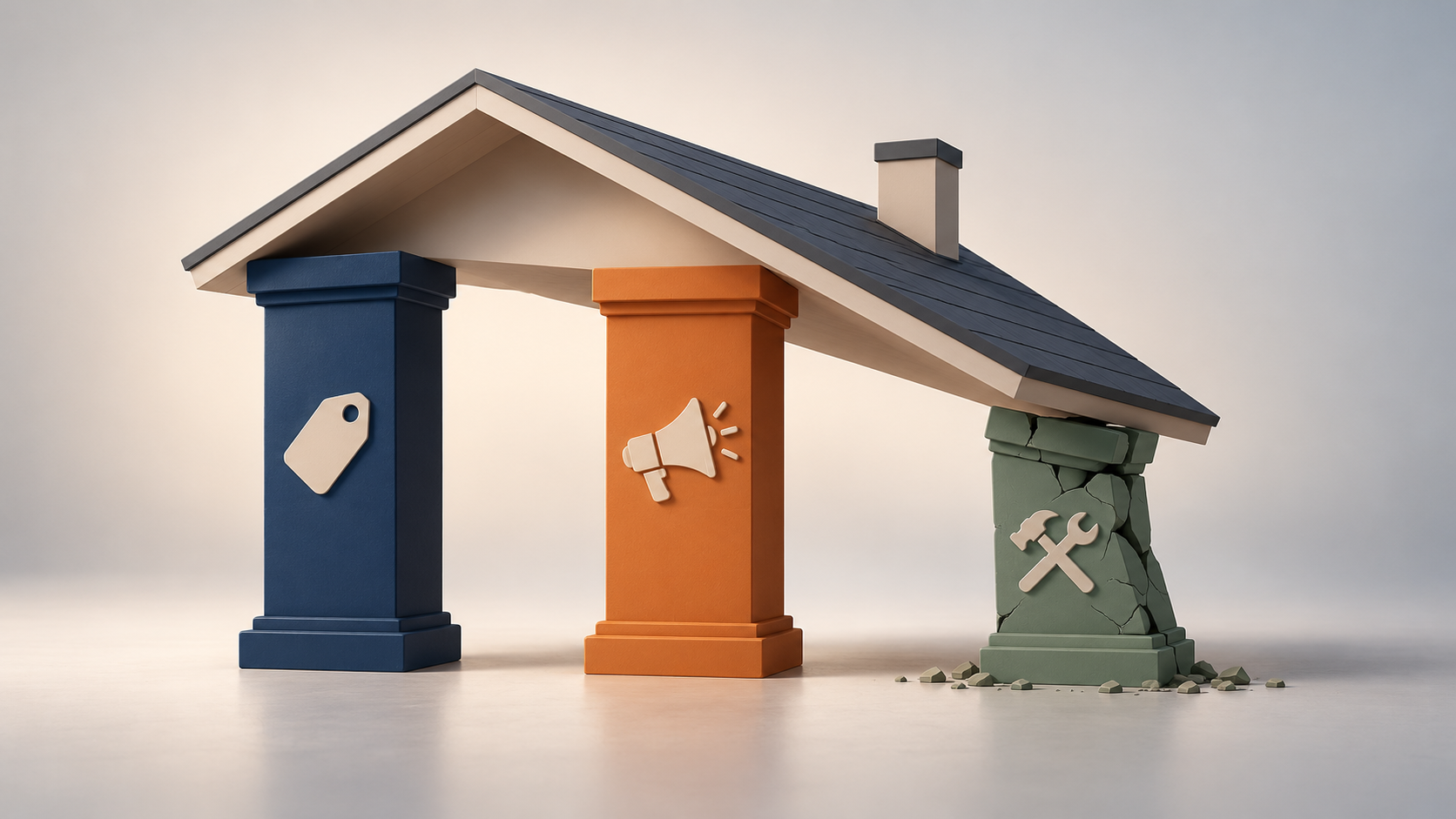Three pillars representing home pricing, marketing, and property condition support a house roof, with the cracked condition pillar causing the roof to tilt.