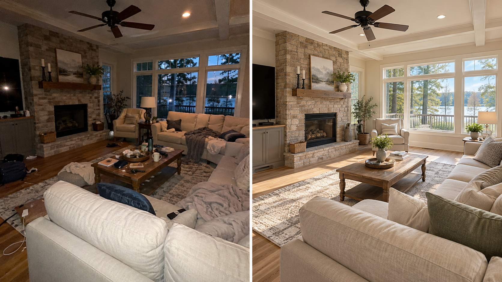  Side-by-side comparison of a dark, cluttered family room snapshot and a bright, professionally staged real estate photo of the same room.