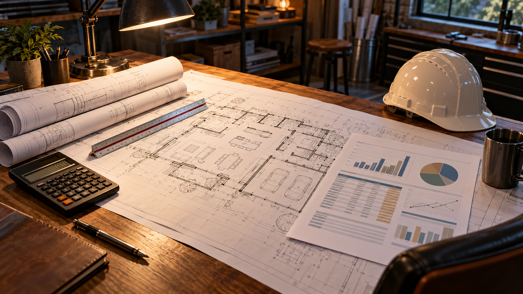Architect’s drafting desk with home floor plans, a real estate deal analysis spreadsheet, scale ruler, calculator, and hard hat under warm task lighting.