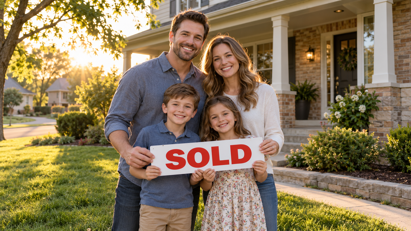 Family of four holding a SOLD sign in front of their Kansas City home, with golden-hour sunlight, a green lawn, and mature trees.