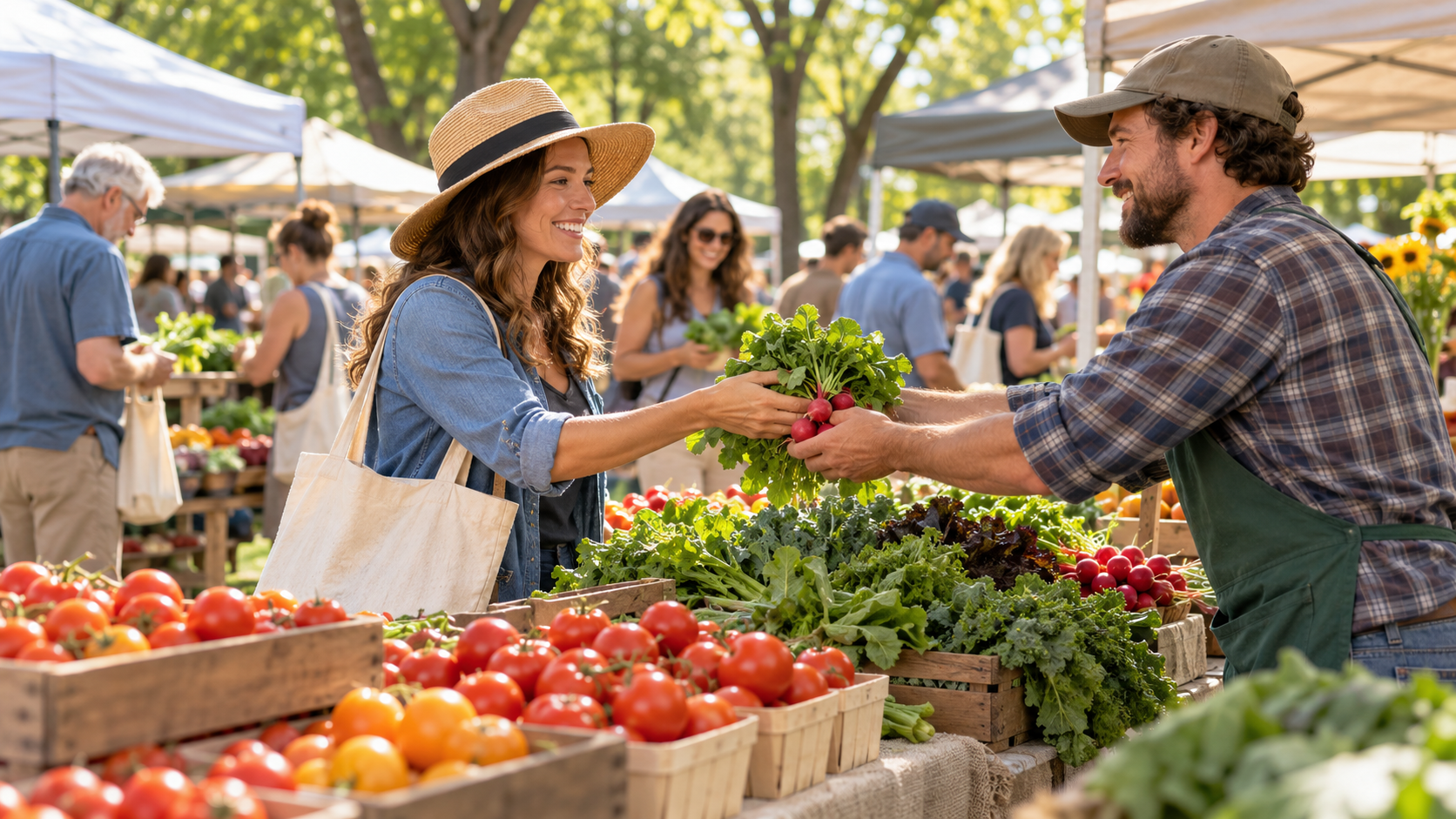 Merriam-inspired farmers’ market scene with a vendor handing fresh produce to a shopper beside baskets of tomatoes and leafy greens.